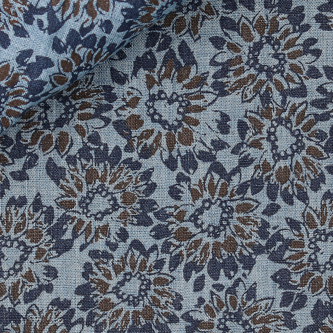 Tessuto trama floreale toni scuri blu e marrone 100% Lino