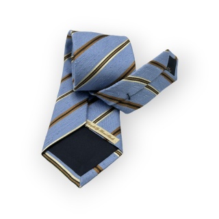 Cravatta Made in Como in pura seta shantung azzurra con righe blu, rame e beige 8cm x 150cm