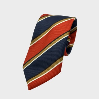 Cravatta Made in Como in pura seta regimental con righe blu, rosse, beige e bianche 7,5cm x 148cm