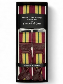 Bretelle Regimental borgogna, giallo, verde con pelle lavorata brogue (#1216)  Bretelle Regimental borgogna, giallo, verde con pelle lavorata brogue (#1216)