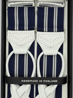 Bretelle Regimental bianca e blu, con pelle lavorata brogue (#1215)