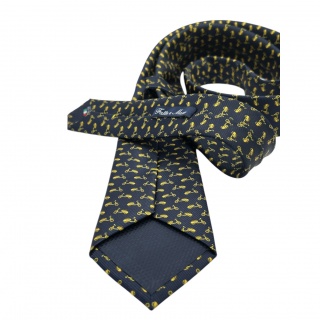 Cravatta Made in Como in pura seta blu con motivo moto gialla 7,5cm x 148cm