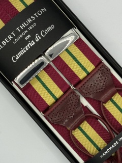 Bretelle Regimental borgogna, giallo, verde con pelle lavorata brogue (#1216)