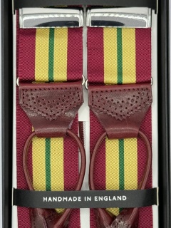 Bretelle Regimental borgogna, giallo, verde con pelle lavorata brogue (#1216)