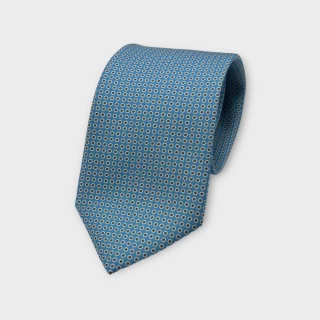 Cravatta Made in Como in pura seta stampata turchese con motivi blu scuro 8cm x 150cm