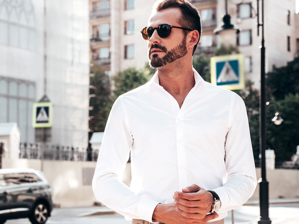 Classic men's summer shirt in bright blue color