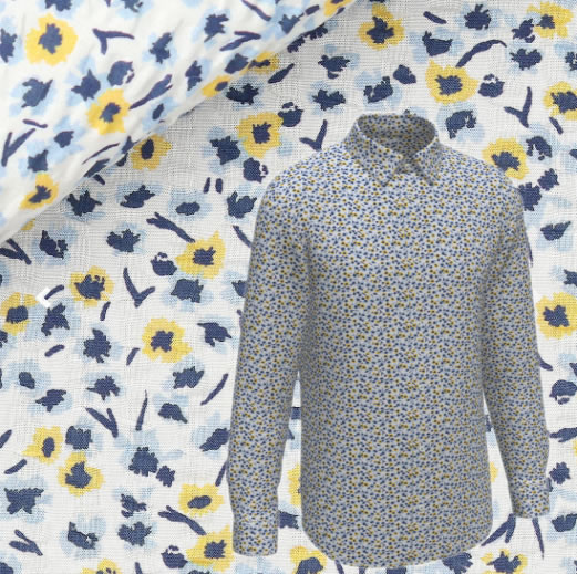 tessuto fiorellini blu e gialli camicia uomo
