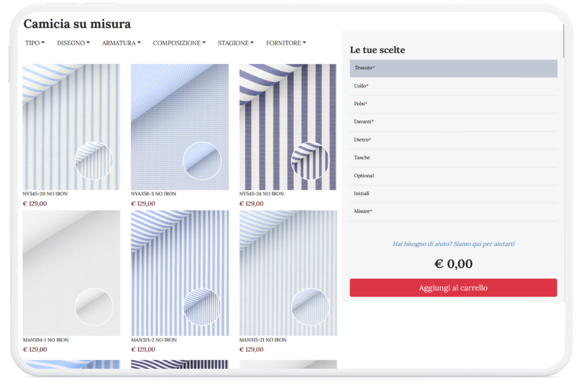 Configuratore per camicia personalizzata su misura